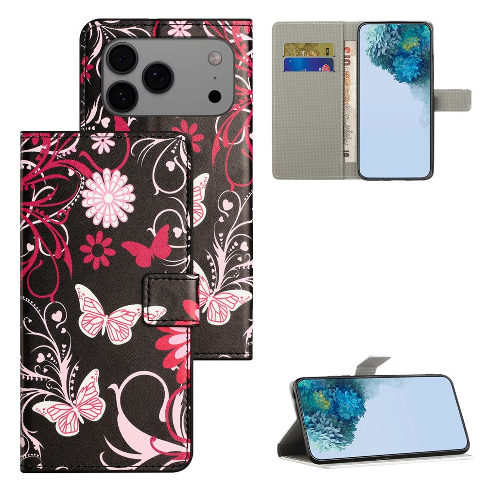 For iPhone 17 Pro Max Case Pattern Print PU Leather Wallet Phone Cover - Black Butterfly