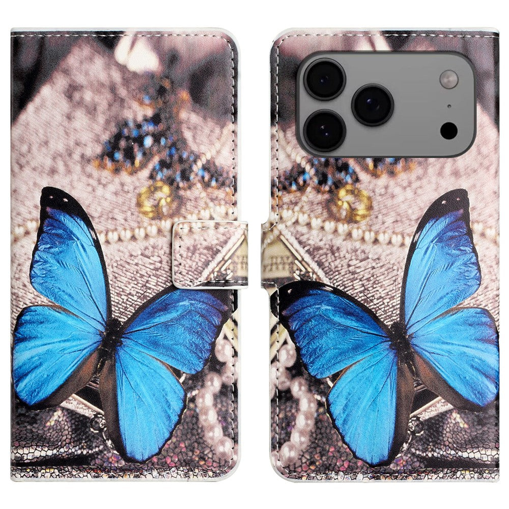For iPhone 17 Pro Max Case Pattern Print PU Leather Wallet Phone Cover - Blue Butterfly