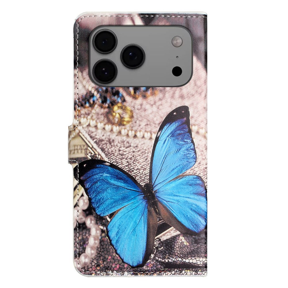 For iPhone 17 Pro Max Case Pattern Print PU Leather Wallet Phone Cover - Blue Butterfly