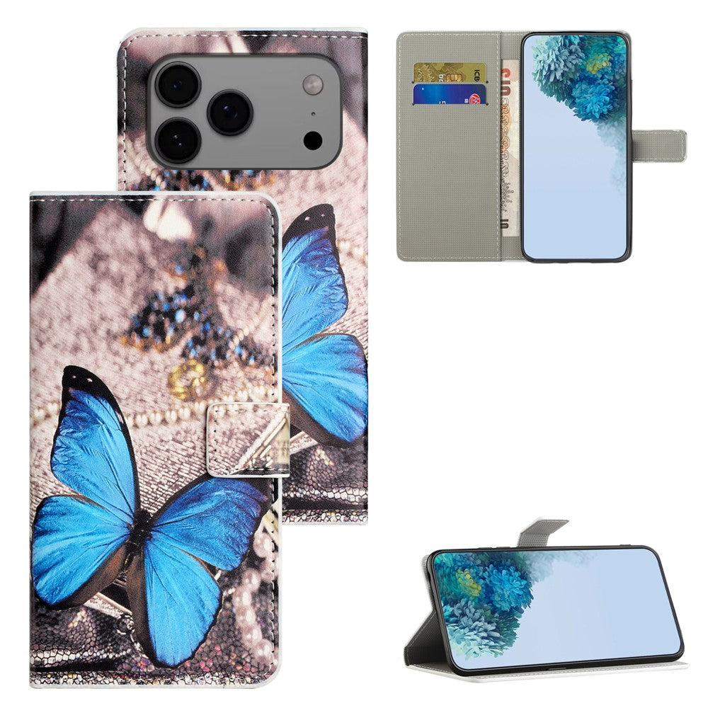 For iPhone 17 Pro Max Case Pattern Print PU Leather Wallet Phone Cover - Blue Butterfly