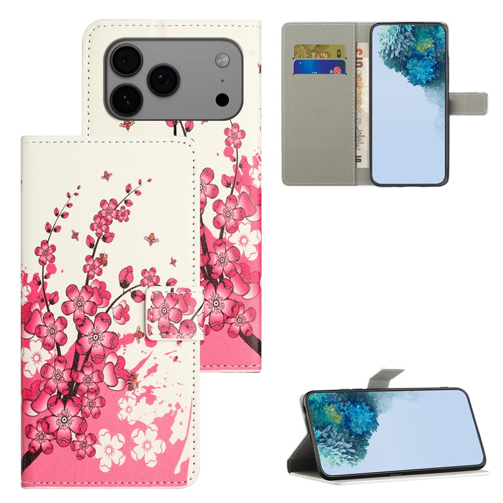 For iPhone 17 Pro Max Case Pattern Print PU Leather Wallet Phone Cover - Plum Blossom