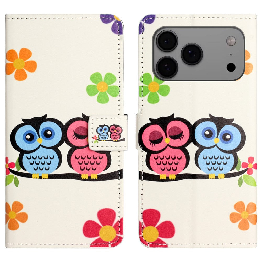 For iPhone 17 Pro Max Case Pattern Print PU Leather Wallet Phone Cover - Couple Owls