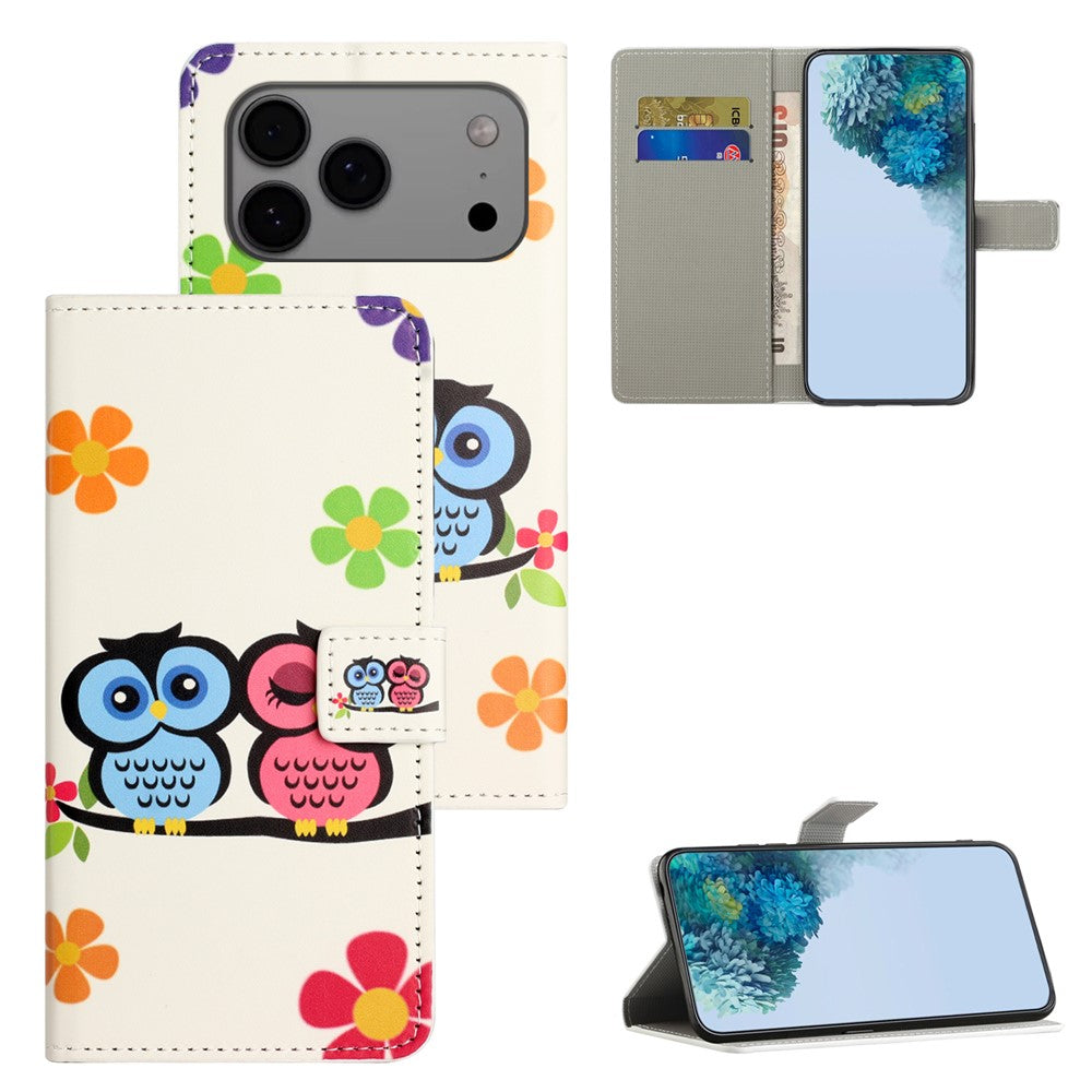 For iPhone 17 Pro Max Case Pattern Print PU Leather Wallet Phone Cover - Couple Owls