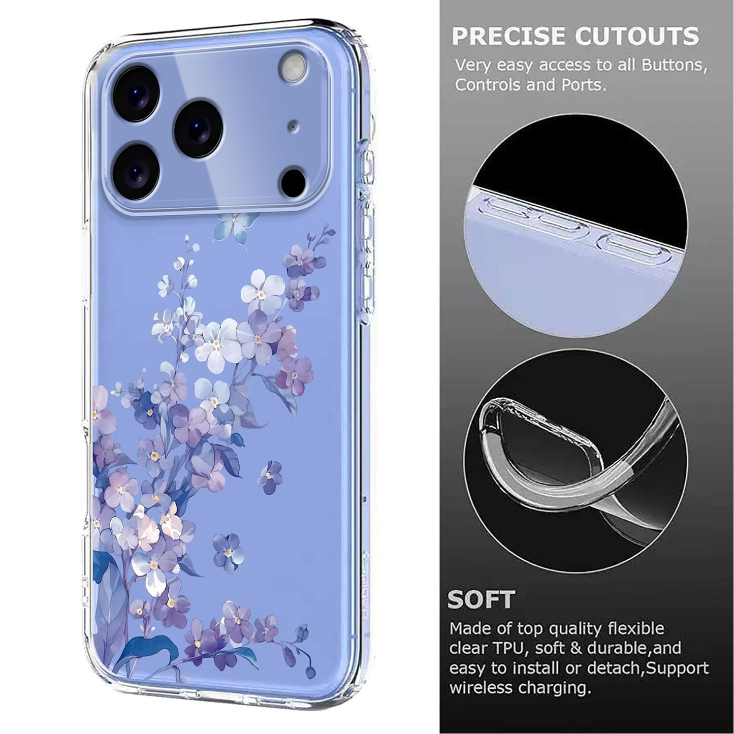 For iPhone 17 Pro Max Case Butterfly Floral Pattern Printing TPU Phone Back Cover - Violets
