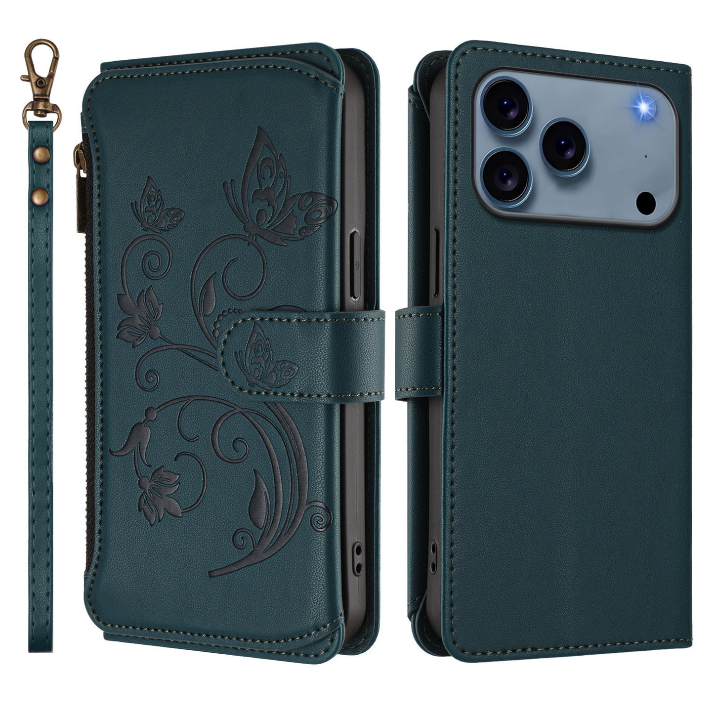 For iPhone 17 Pro Max Leather Case Butterfly Floral Imprint Zipper Wallet Stand Cover with Wrist Strap - Green