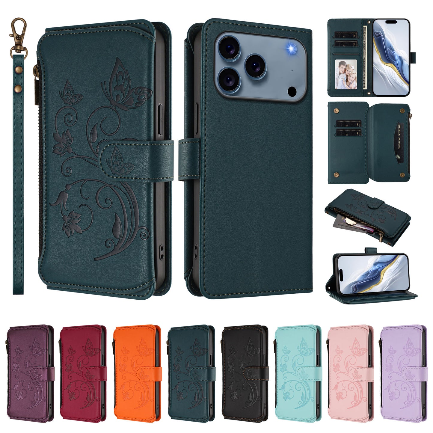 For iPhone 17 Pro Max Leather Case Butterfly Floral Imprint Zipper Wallet Stand Cover with Wrist Strap - Green