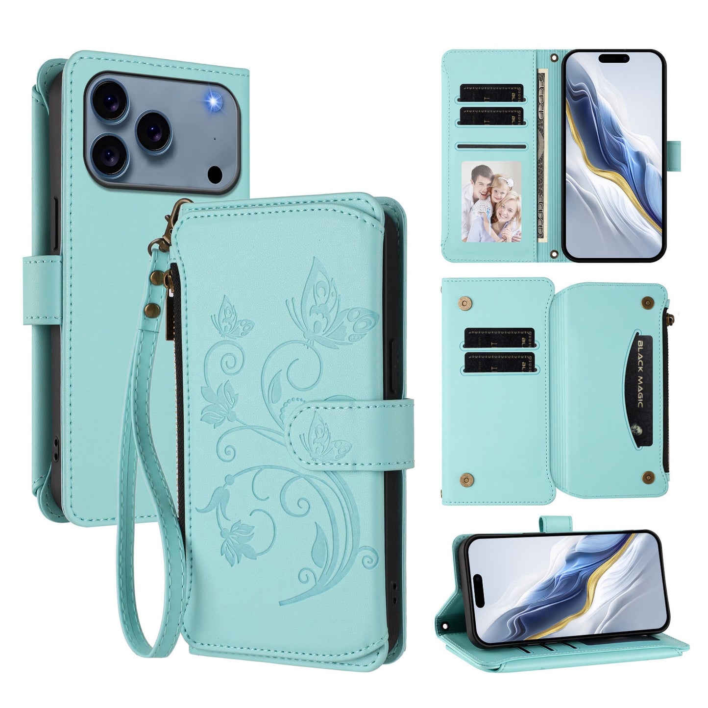 For iPhone 17 Pro Max Leather Case Butterfly Floral Imprint Zipper Wallet Stand Cover with Wrist Strap - Mint Green
