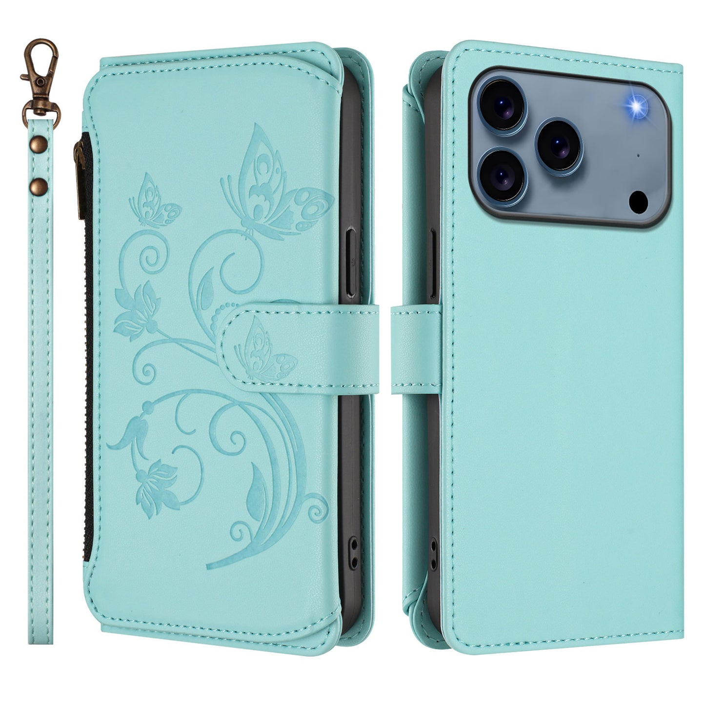 For iPhone 17 Pro Max Leather Case Butterfly Floral Imprint Zipper Wallet Stand Cover with Wrist Strap - Mint Green