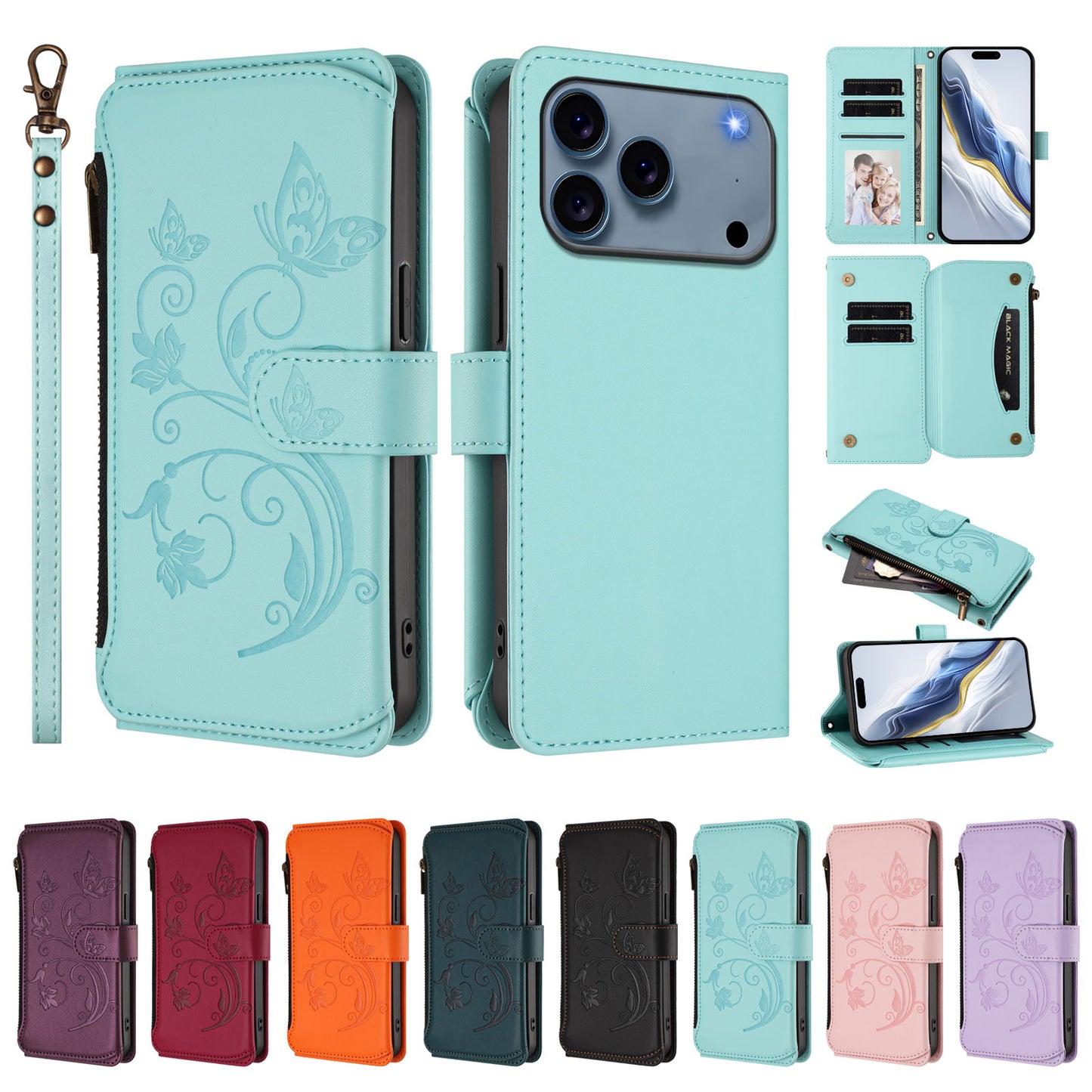 For iPhone 17 Pro Max Leather Case Butterfly Floral Imprint Zipper Wallet Stand Cover with Wrist Strap - Mint Green