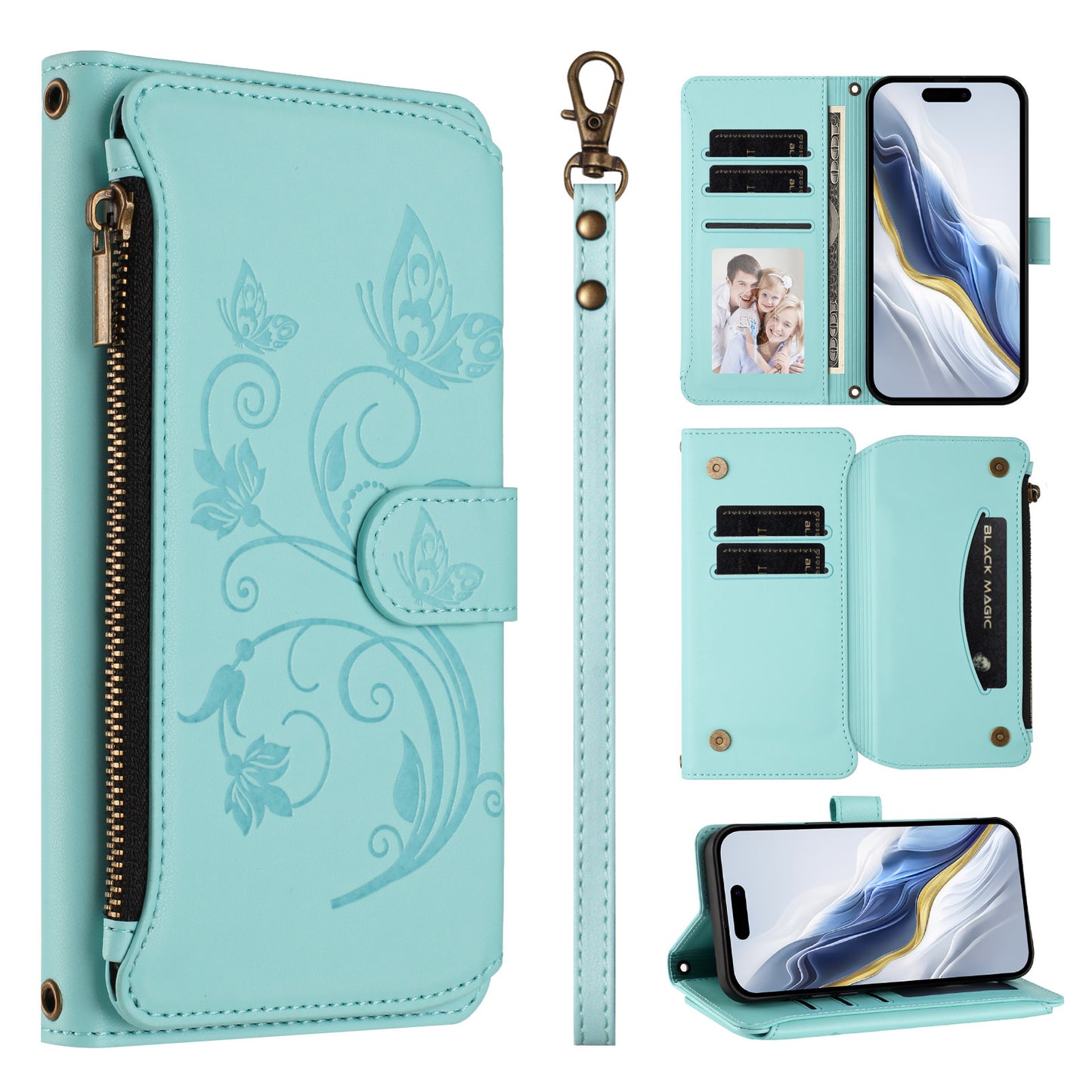 For iPhone 17 Pro Max Leather Case Butterfly Floral Imprint Zipper Wallet Stand Cover with Wrist Strap - Mint Green