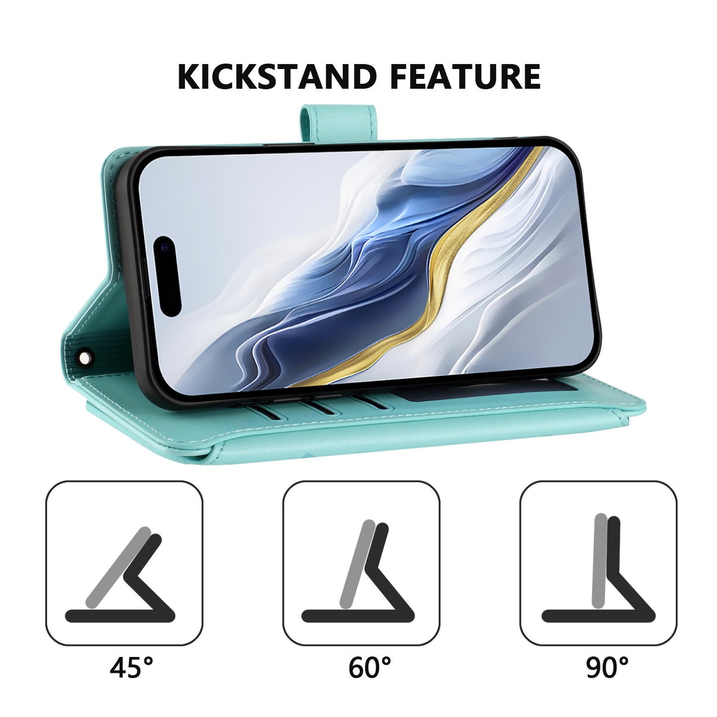 For iPhone 17 Pro Max Leather Case Butterfly Floral Imprint Zipper Wallet Stand Cover with Wrist Strap - Mint Green