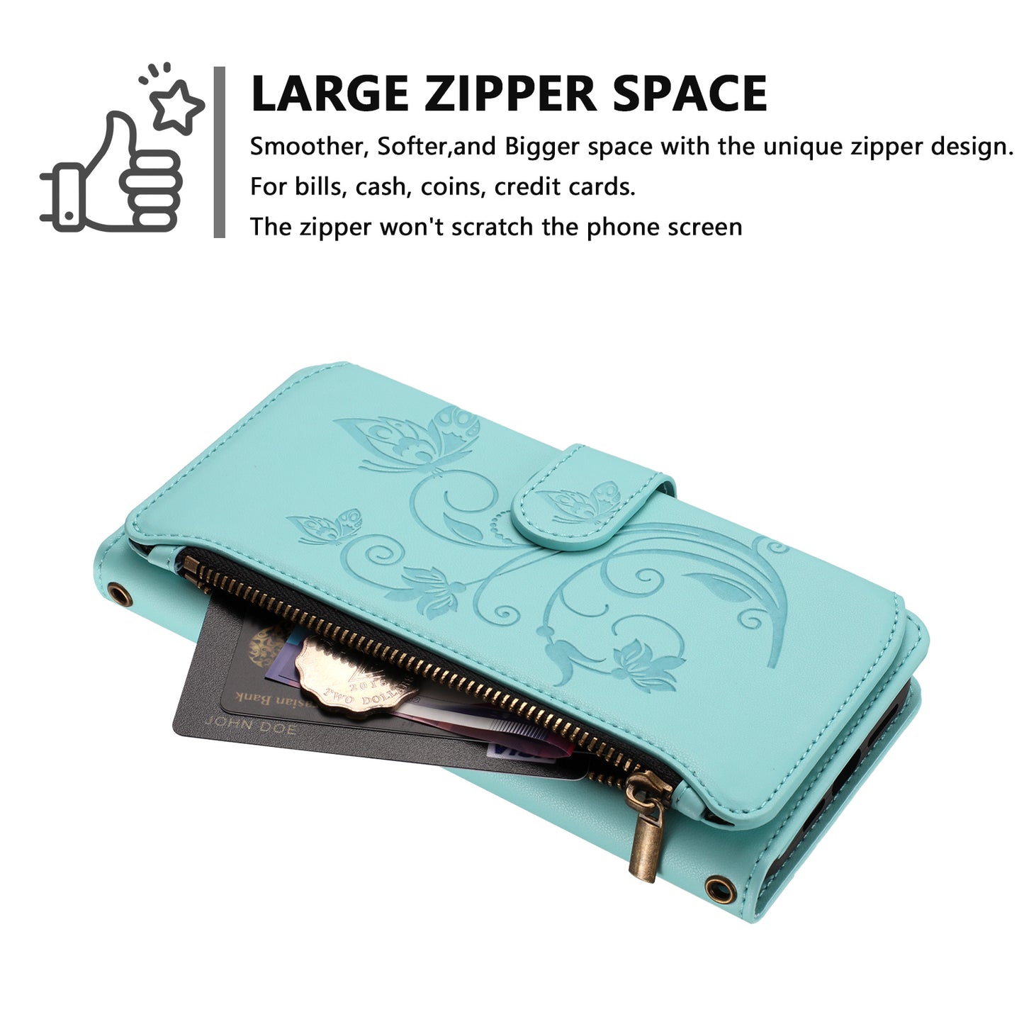 For iPhone 17 Pro Max Leather Case Butterfly Floral Imprint Zipper Wallet Stand Cover with Wrist Strap - Mint Green