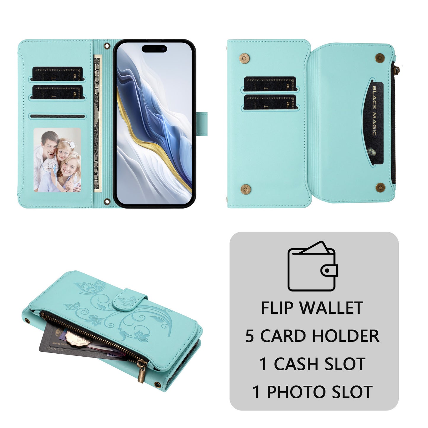 For iPhone 17 Pro Max Leather Case Butterfly Floral Imprint Zipper Wallet Stand Cover with Wrist Strap - Mint Green