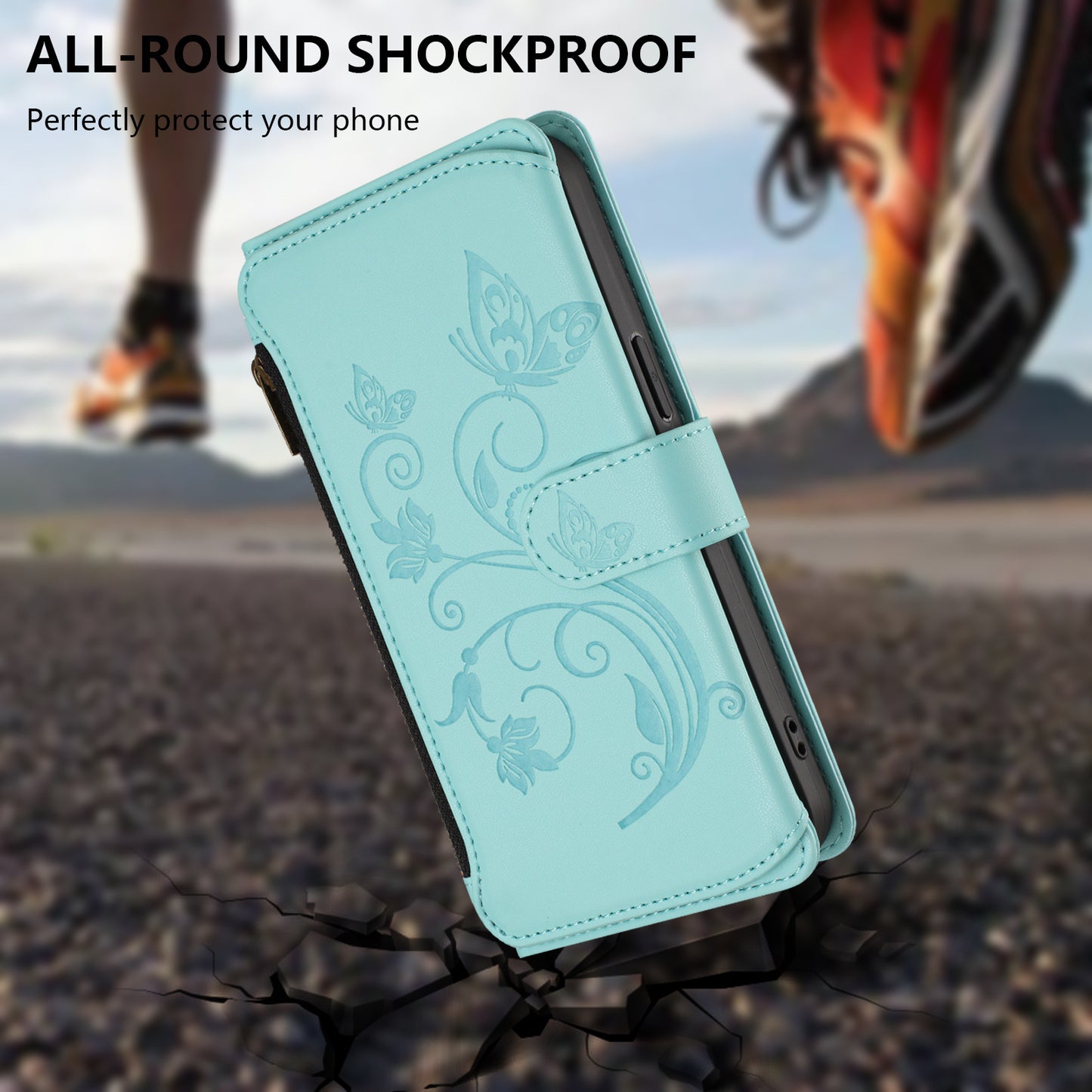 For iPhone 17 Pro Max Leather Case Butterfly Floral Imprint Zipper Wallet Stand Cover with Wrist Strap - Mint Green