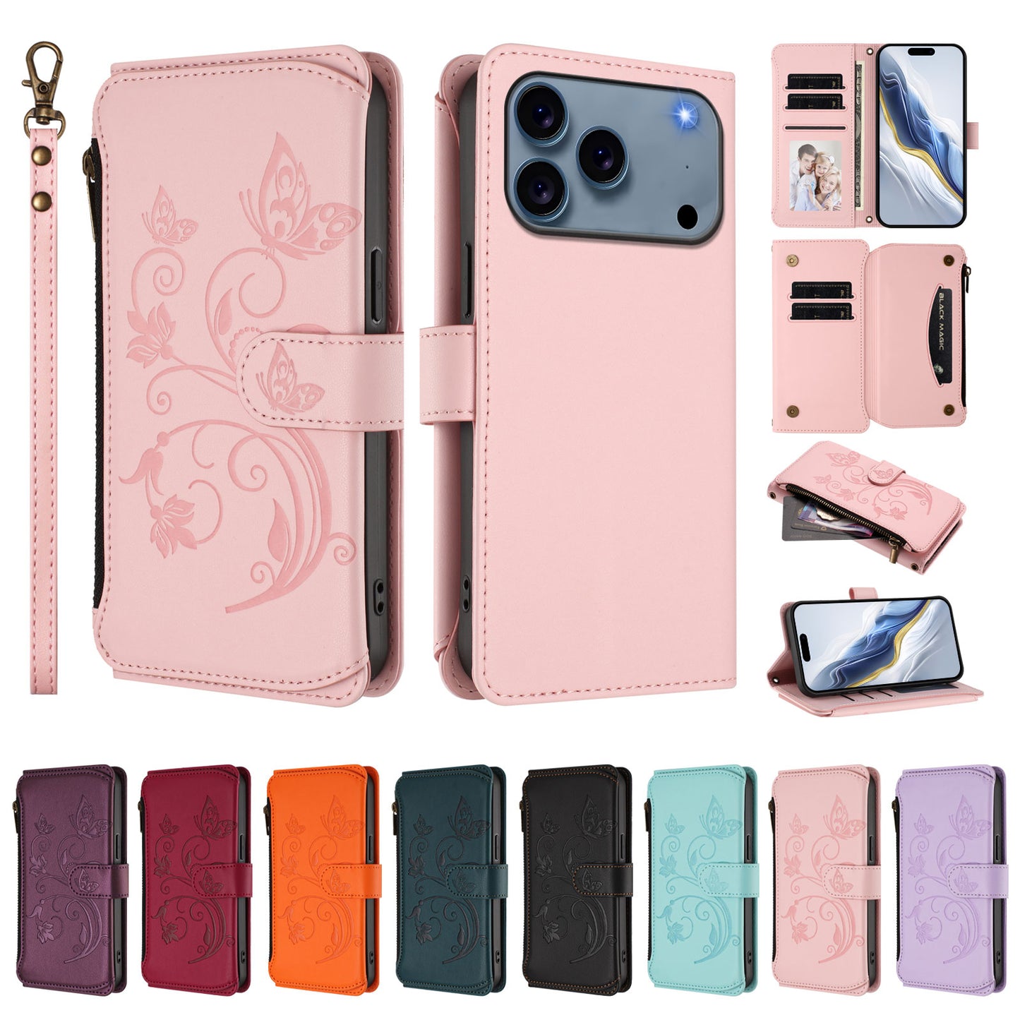 For iPhone 17 Pro Max Leather Case Butterfly Floral Imprint Zipper Wallet Stand Cover with Wrist Strap - Pink