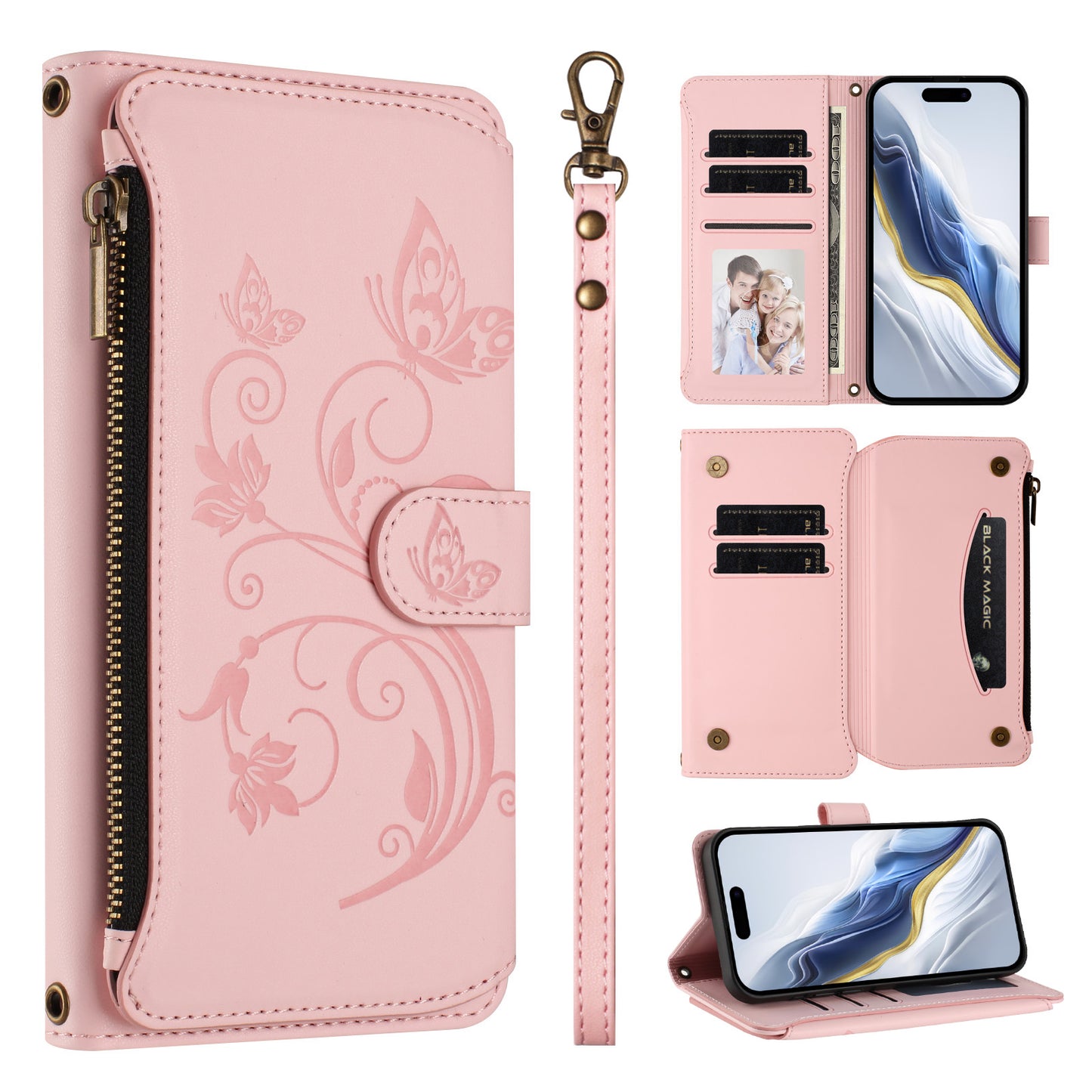 For iPhone 17 Pro Max Leather Case Butterfly Floral Imprint Zipper Wallet Stand Cover with Wrist Strap - Pink