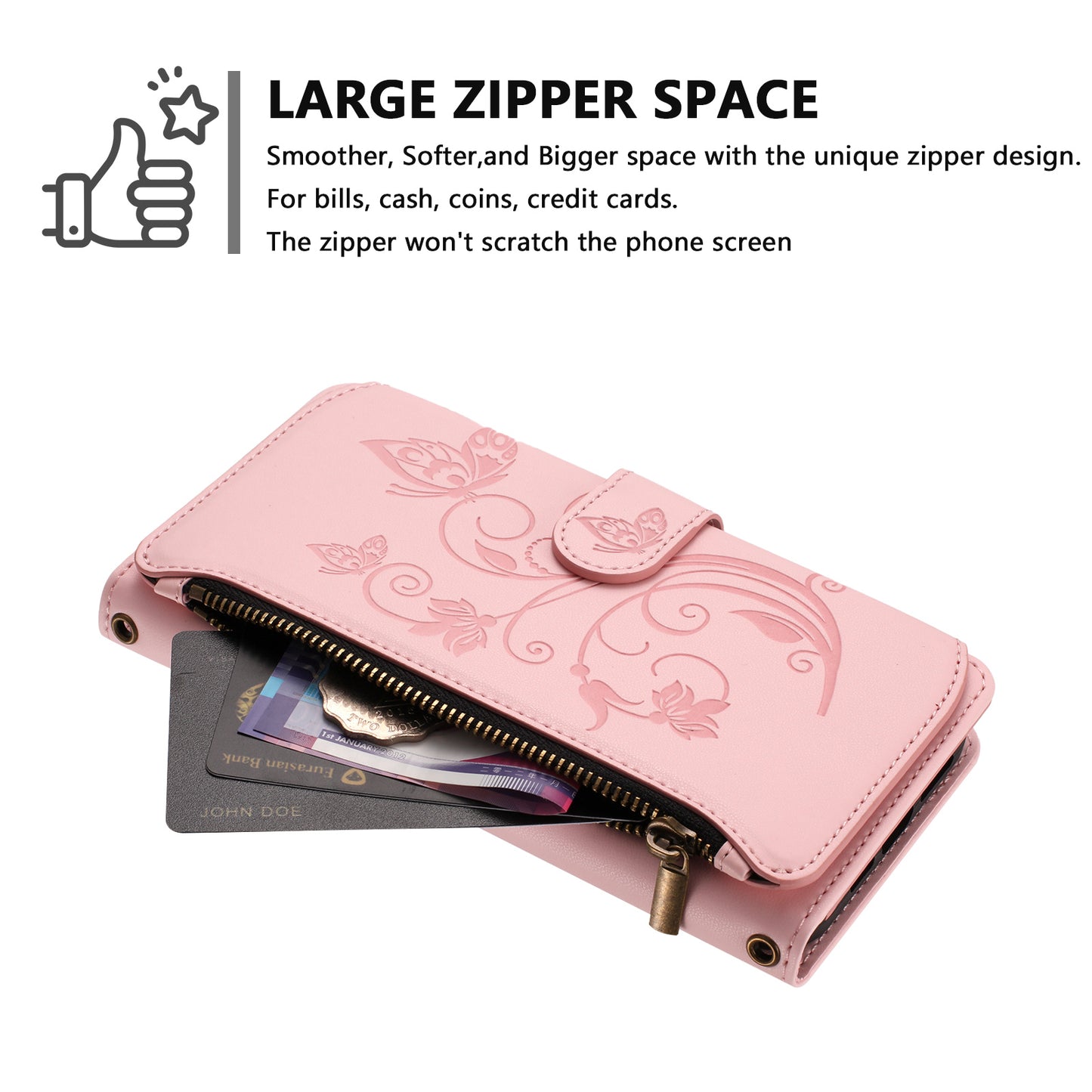 For iPhone 17 Pro Max Leather Case Butterfly Floral Imprint Zipper Wallet Stand Cover with Wrist Strap - Pink