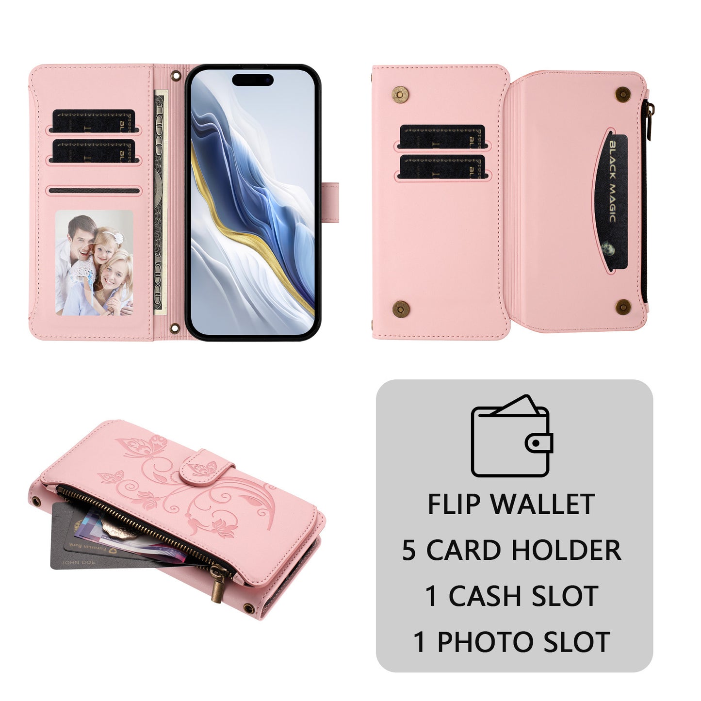 For iPhone 17 Pro Max Leather Case Butterfly Floral Imprint Zipper Wallet Stand Cover with Wrist Strap - Pink