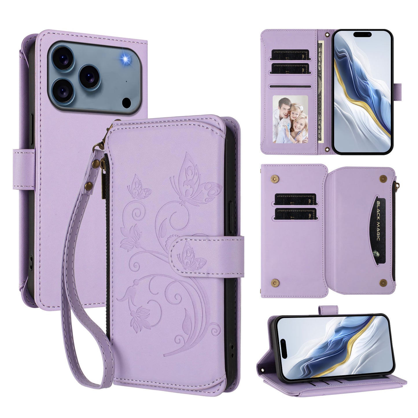For iPhone 17 Pro Max Leather Case Butterfly Floral Imprint Zipper Wallet Stand Cover with Wrist Strap - Light Purple