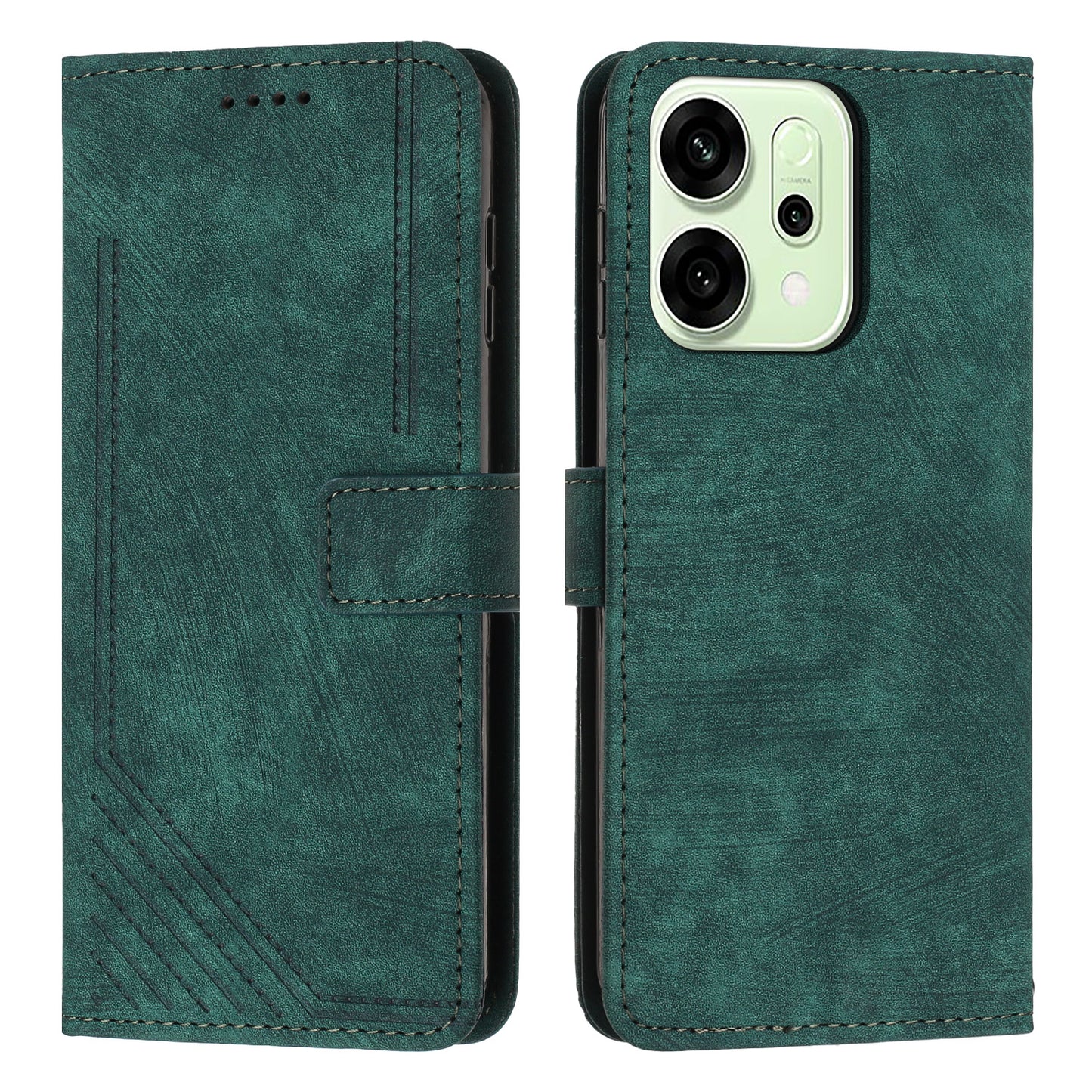 For Oppo Reno14 Pro 5G (China) / Oppo Reno14 Pro 5G (Global) Stand Case Imprinted Lines Leather Phone Cover - Green