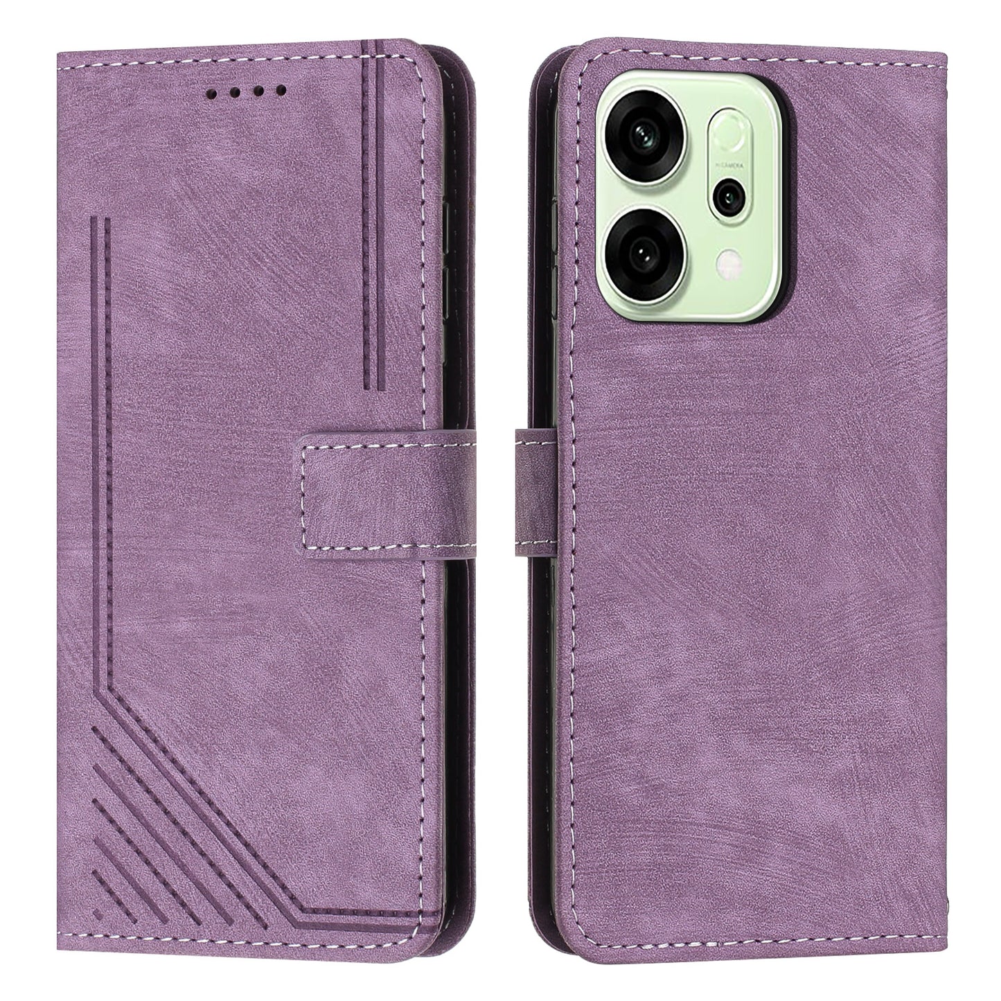 For Oppo Reno14 Pro 5G (China) / Oppo Reno14 Pro 5G (Global) Stand Case Imprinted Lines Leather Phone Cover - Purple