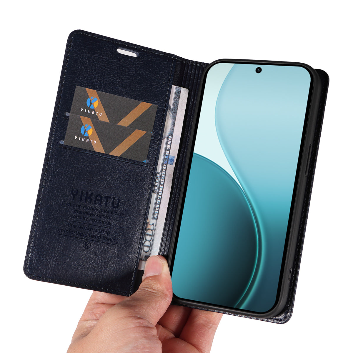 For Oppo Reno14 Pro 5G (China) / Oppo Reno14 Pro 5G (Global) Wallet Case YIKATU YK-006 Magnetic Closure Leather Phone Cover Litchi Texture - Navy Blue