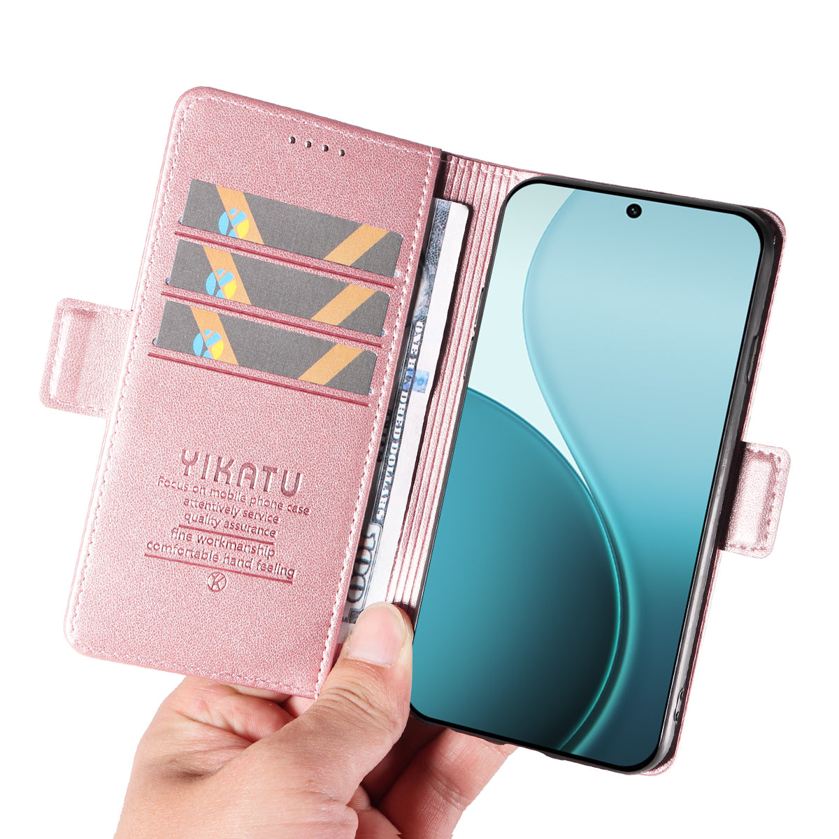 For Oppo Reno14 Pro 5G (China) / Oppo Reno14 Pro 5G (Global) Wallet Phone Case YIKATU YK-003 Leather Stand Cover - Rose Gold