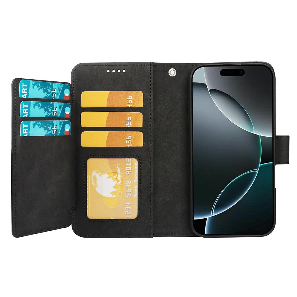 For iPhone 17 Pro Max Leather Case Line Pattern Wallet Phone Cover with 9 Card Slots - Black