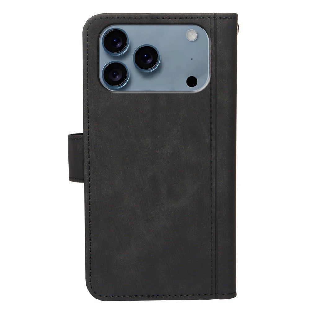 For iPhone 17 Pro Max Leather Case Line Pattern Wallet Phone Cover with 9 Card Slots - Black