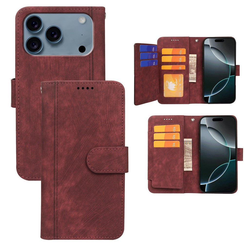 For iPhone 17 Pro Max Leather Case Line Pattern Wallet Phone Cover with 9 Card Slots - Red