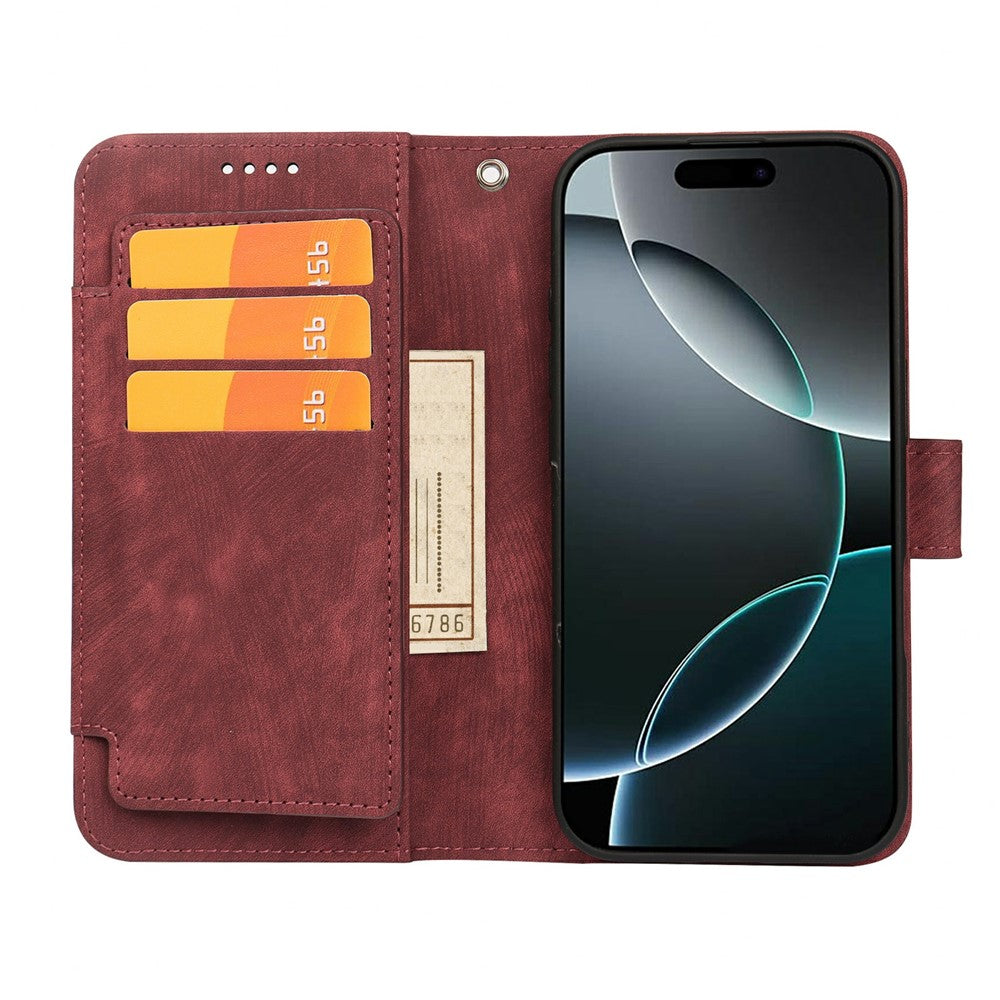 For iPhone 17 Pro Max Leather Case Line Pattern Wallet Phone Cover with 9 Card Slots - Red