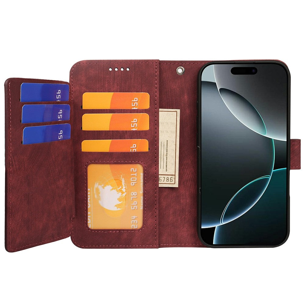 For iPhone 17 Pro Max Leather Case Line Pattern Wallet Phone Cover with 9 Card Slots - Red