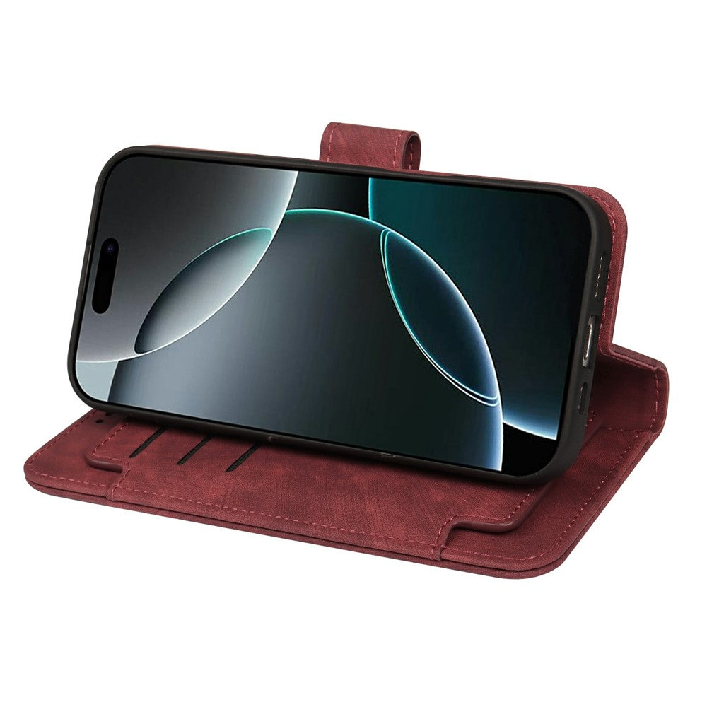 For iPhone 17 Pro Max Leather Case Line Pattern Wallet Phone Cover with 9 Card Slots - Red