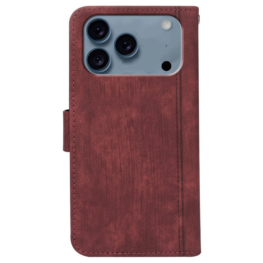 For iPhone 17 Pro Max Leather Case Line Pattern Wallet Phone Cover with 9 Card Slots - Red