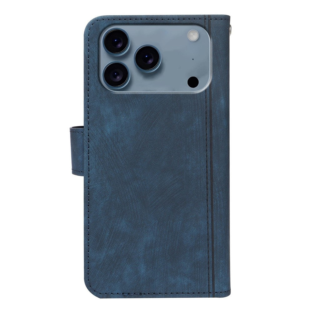 For iPhone 17 Pro Max Leather Case Line Pattern Wallet Phone Cover with 9 Card Slots - Blue