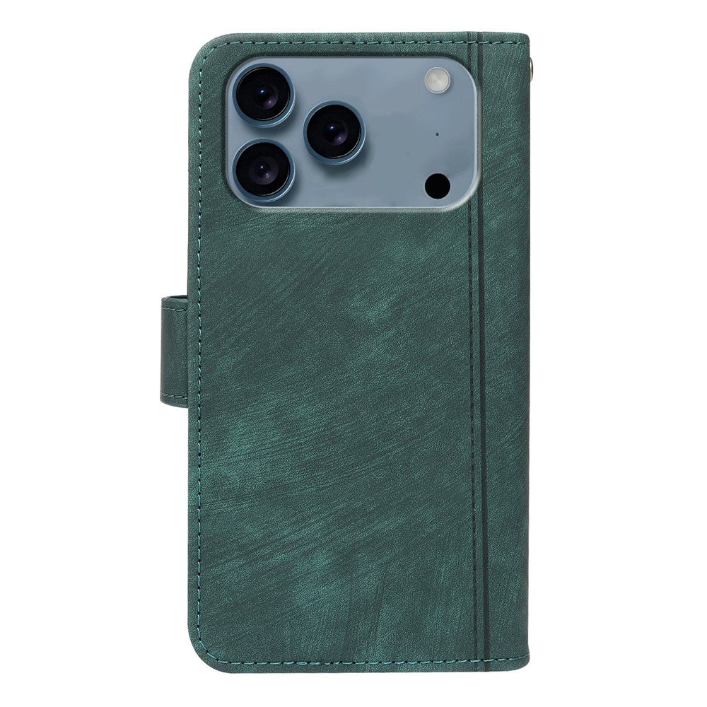 For iPhone 17 Pro Max Leather Case Line Pattern Wallet Phone Cover with 9 Card Slots - Green