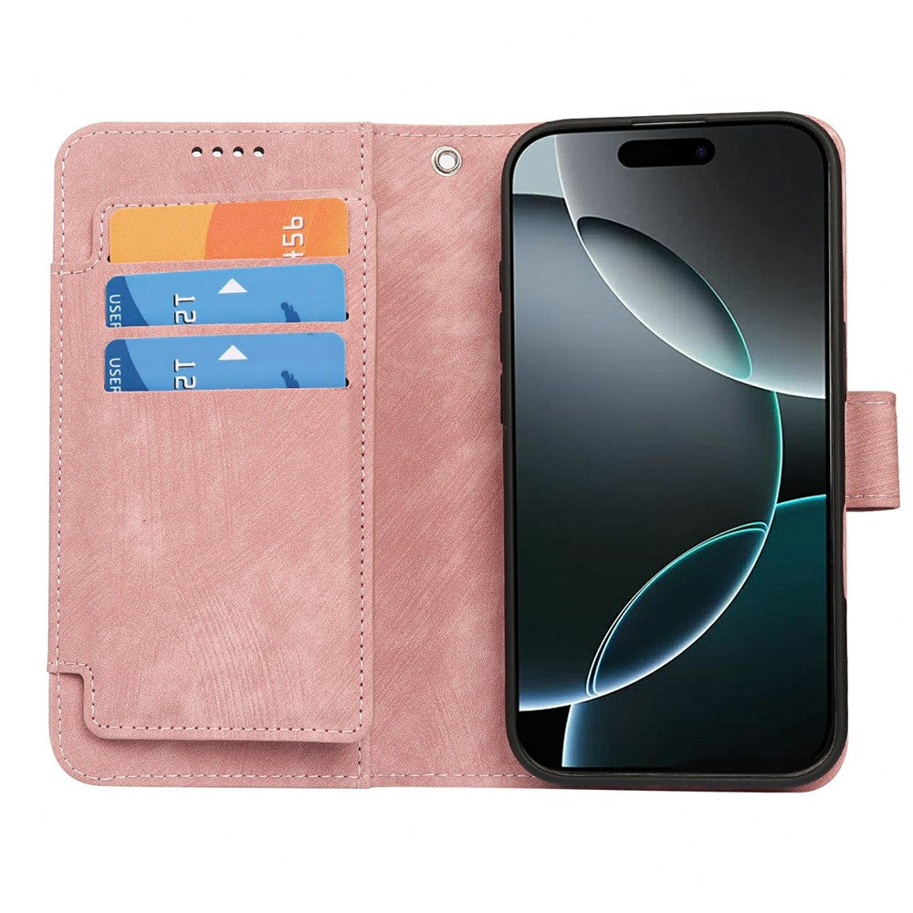 For iPhone 17 Pro Max Leather Case Line Pattern Wallet Phone Cover with 9 Card Slots - Rose Gold