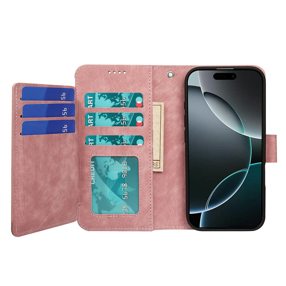 For iPhone 17 Pro Max Leather Case Line Pattern Wallet Phone Cover with 9 Card Slots - Rose Gold