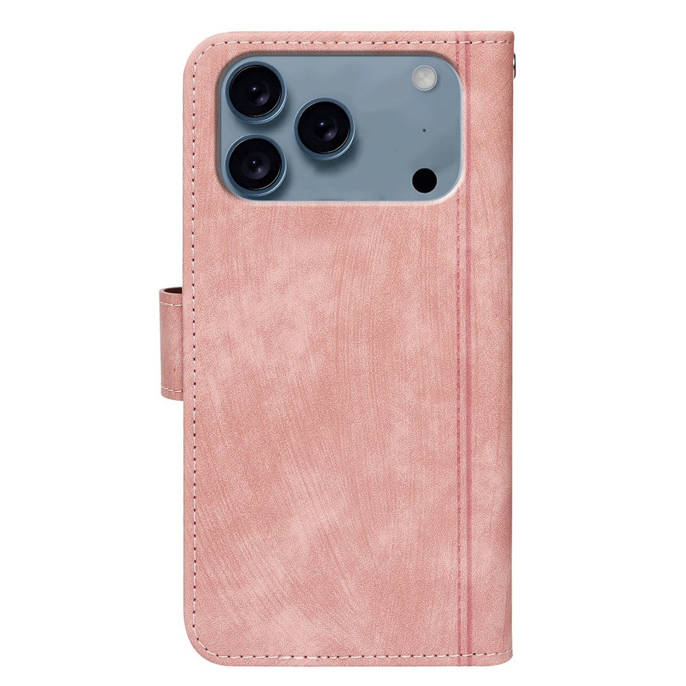 For iPhone 17 Pro Max Leather Case Line Pattern Wallet Phone Cover with 9 Card Slots - Rose Gold