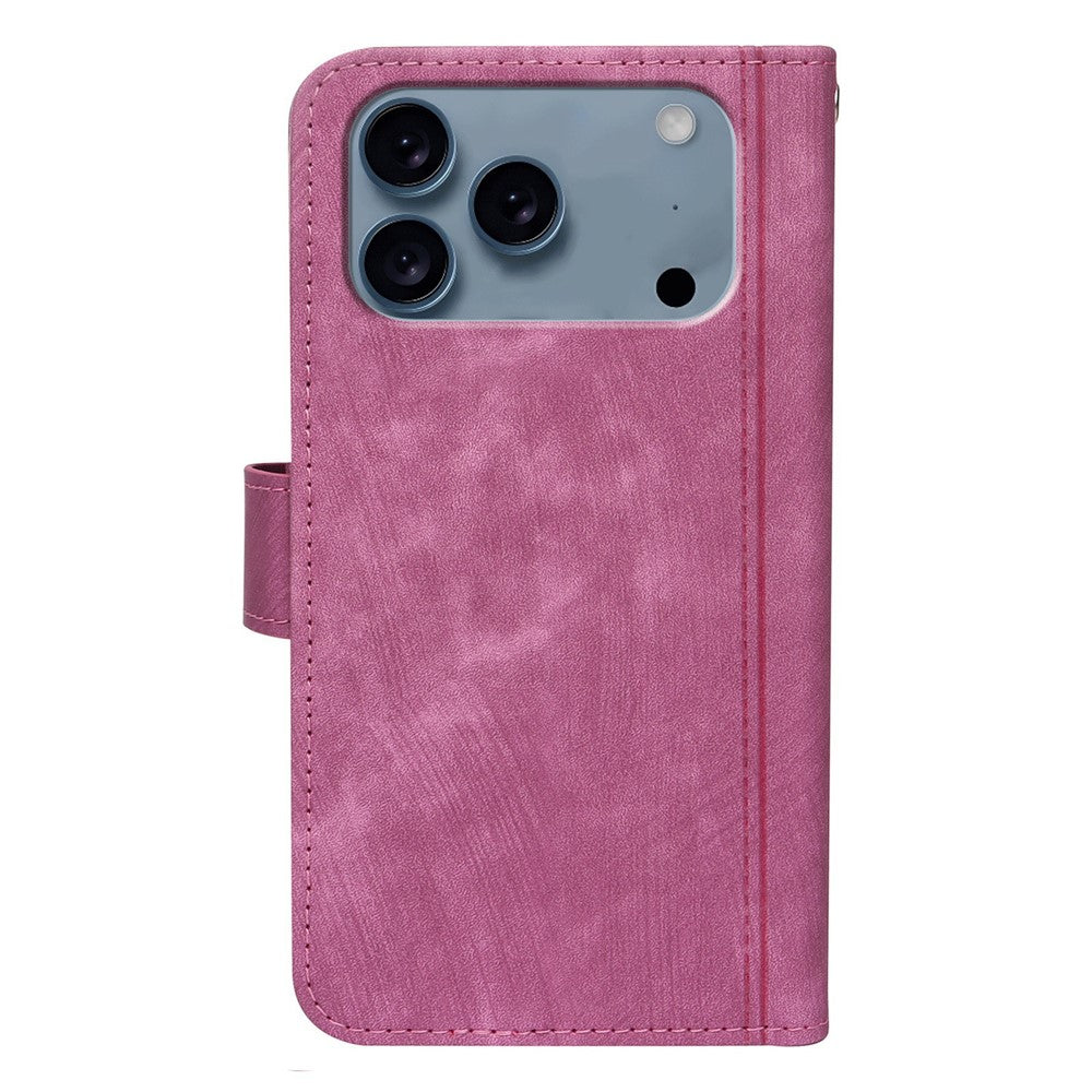 For iPhone 17 Pro Max Leather Case Line Pattern Wallet Phone Cover with 9 Card Slots - Rose