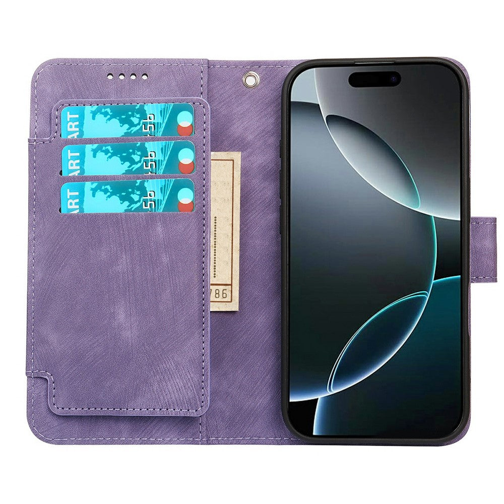 For iPhone 17 Pro Max Leather Case Line Pattern Wallet Phone Cover with 9 Card Slots - Purple