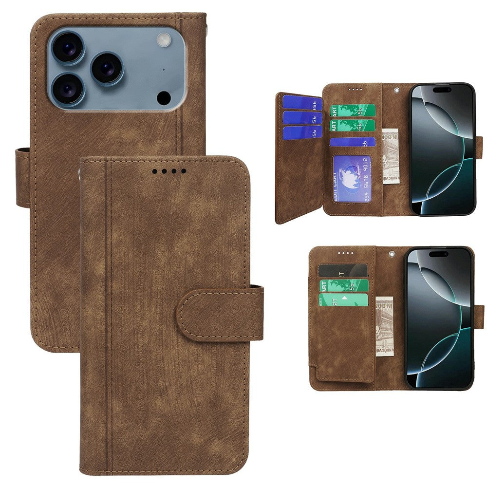 For iPhone 17 Pro Max Leather Case Line Pattern Wallet Phone Cover with 9 Card Slots - Brown
