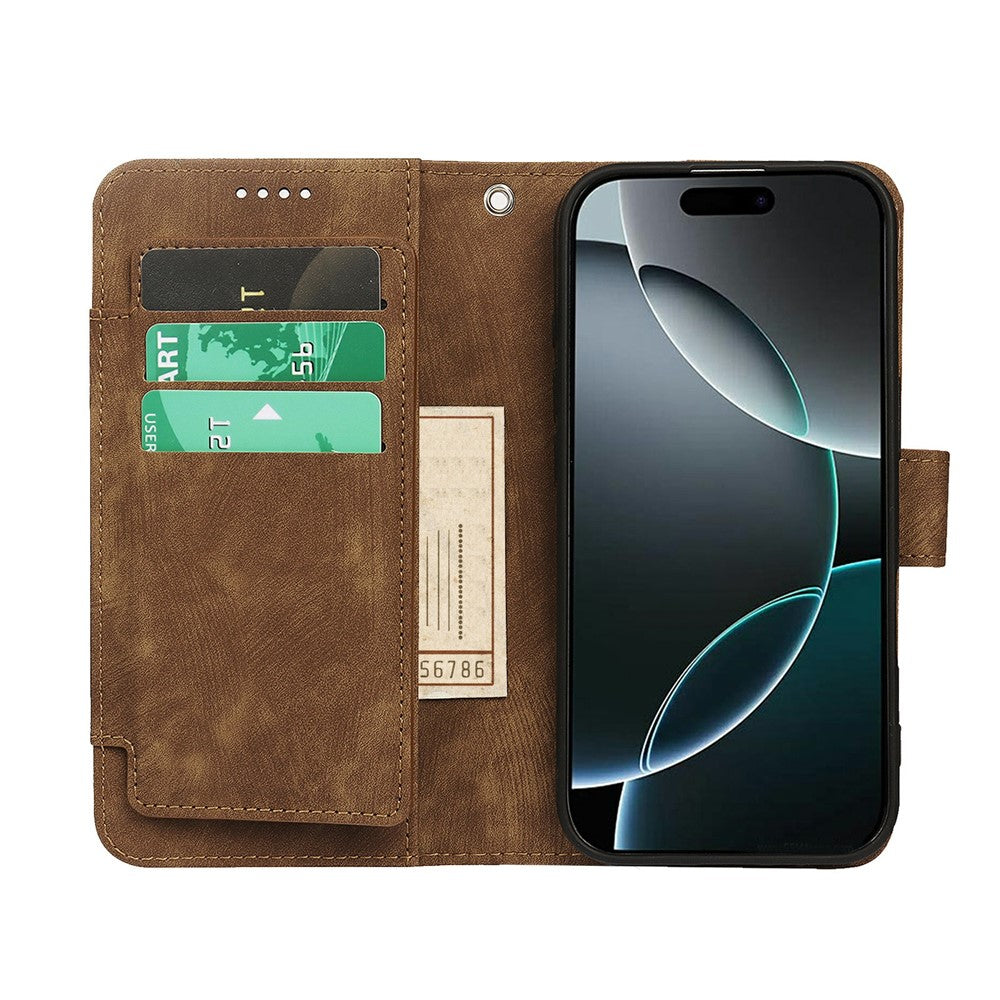 For iPhone 17 Pro Max Leather Case Line Pattern Wallet Phone Cover with 9 Card Slots - Brown
