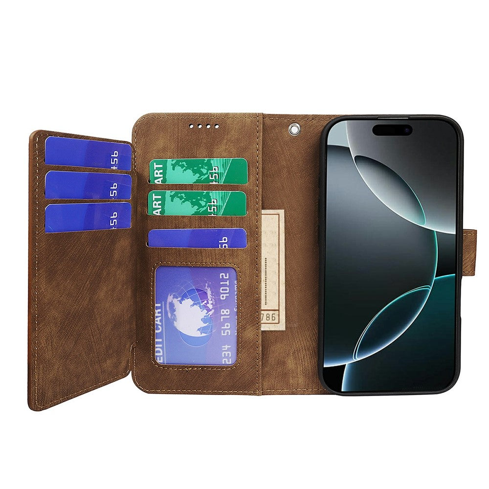 For iPhone 17 Pro Max Leather Case Line Pattern Wallet Phone Cover with 9 Card Slots - Brown