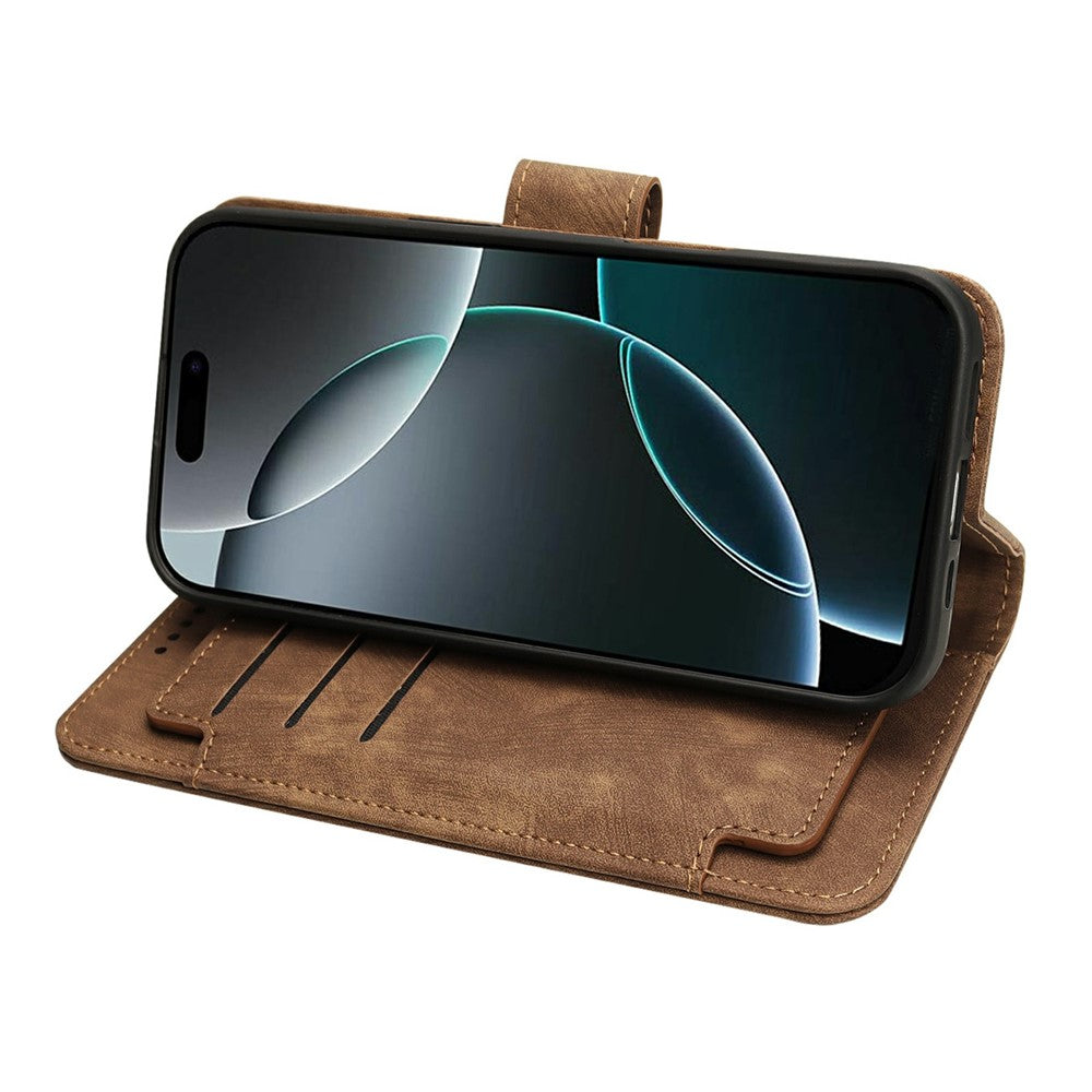 For iPhone 17 Pro Max Leather Case Line Pattern Wallet Phone Cover with 9 Card Slots - Brown