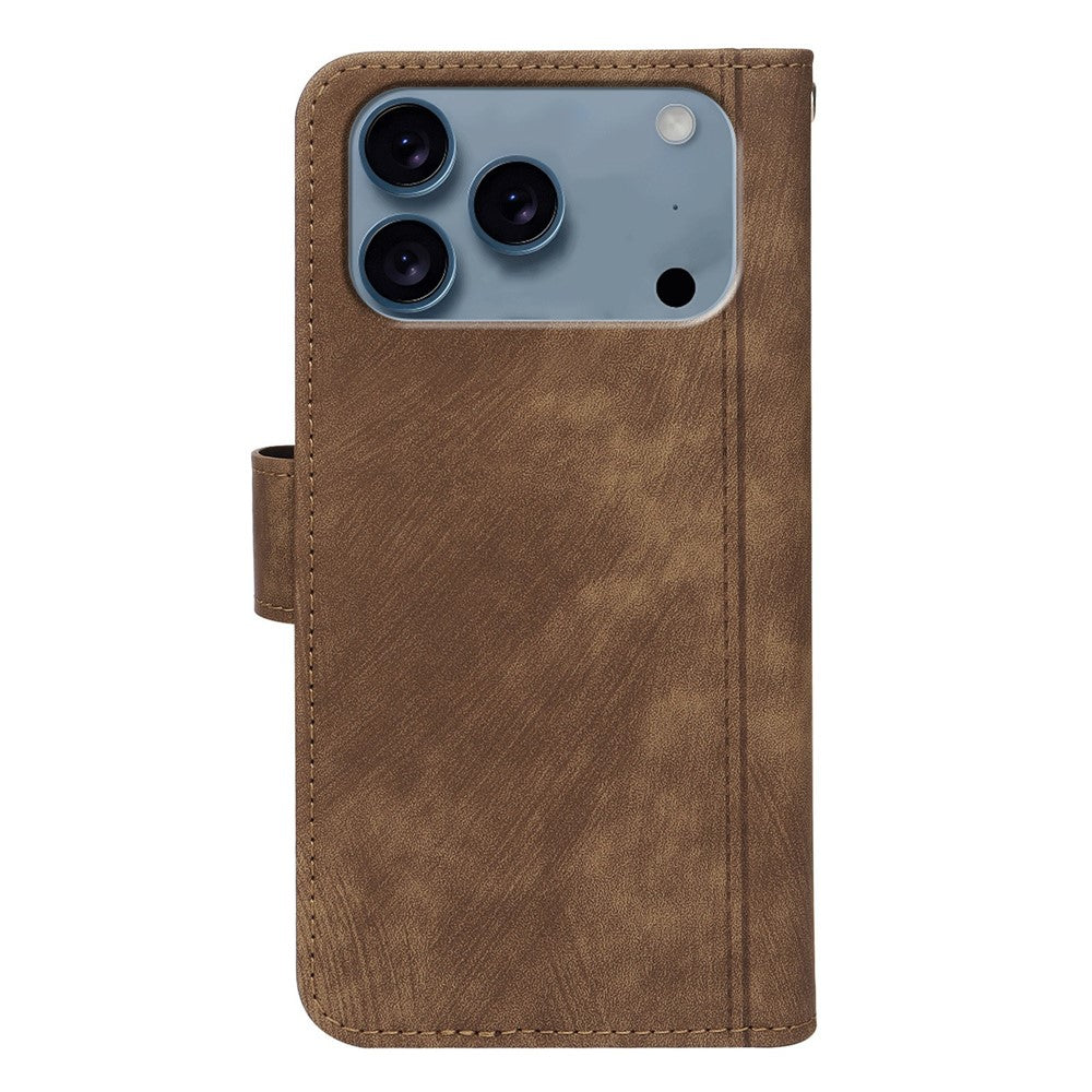 For iPhone 17 Pro Max Leather Case Line Pattern Wallet Phone Cover with 9 Card Slots - Brown