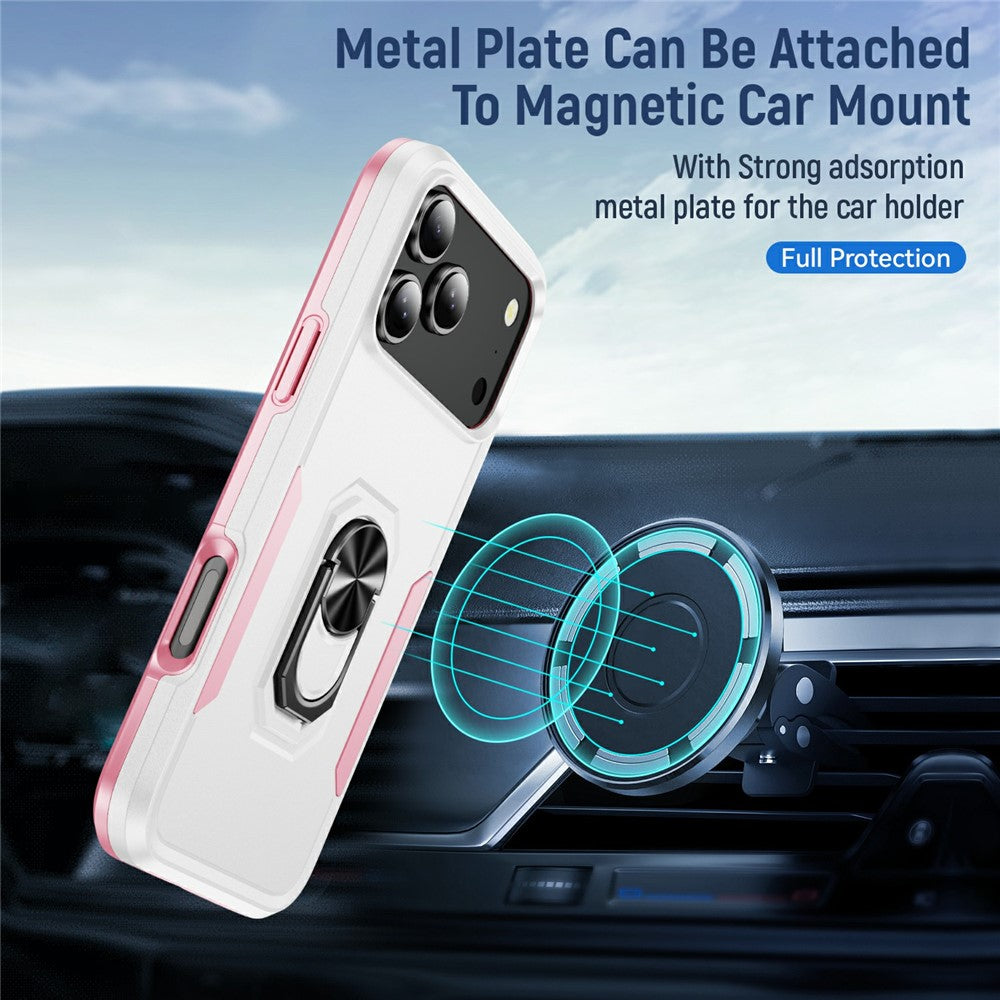 For iPhone 17 Pro Max Case Military Grade Ring Kickstand PC + TPU Phone Cover - White + Pink