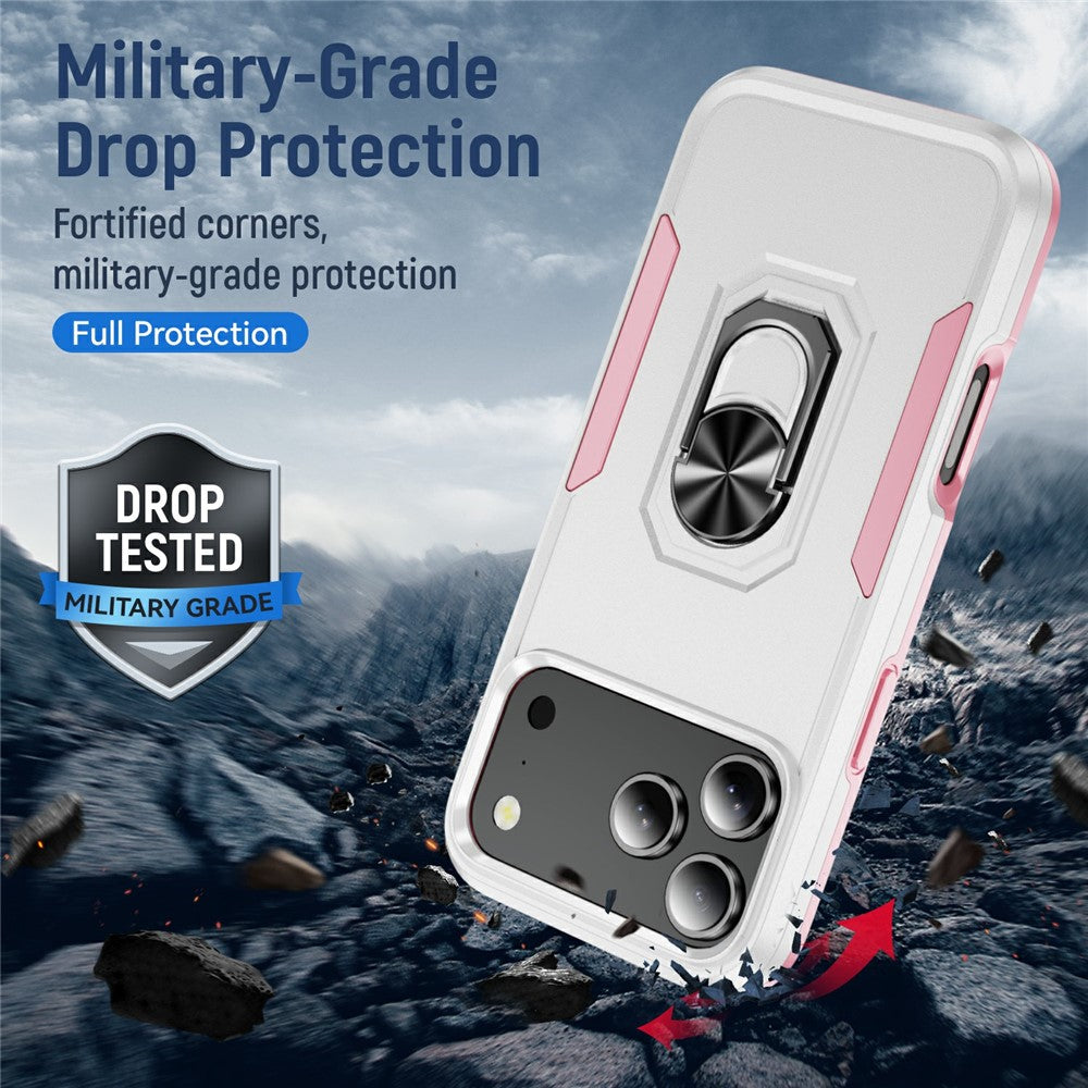 For iPhone 17 Pro Max Case Military Grade Ring Kickstand PC + TPU Phone Cover - White + Pink