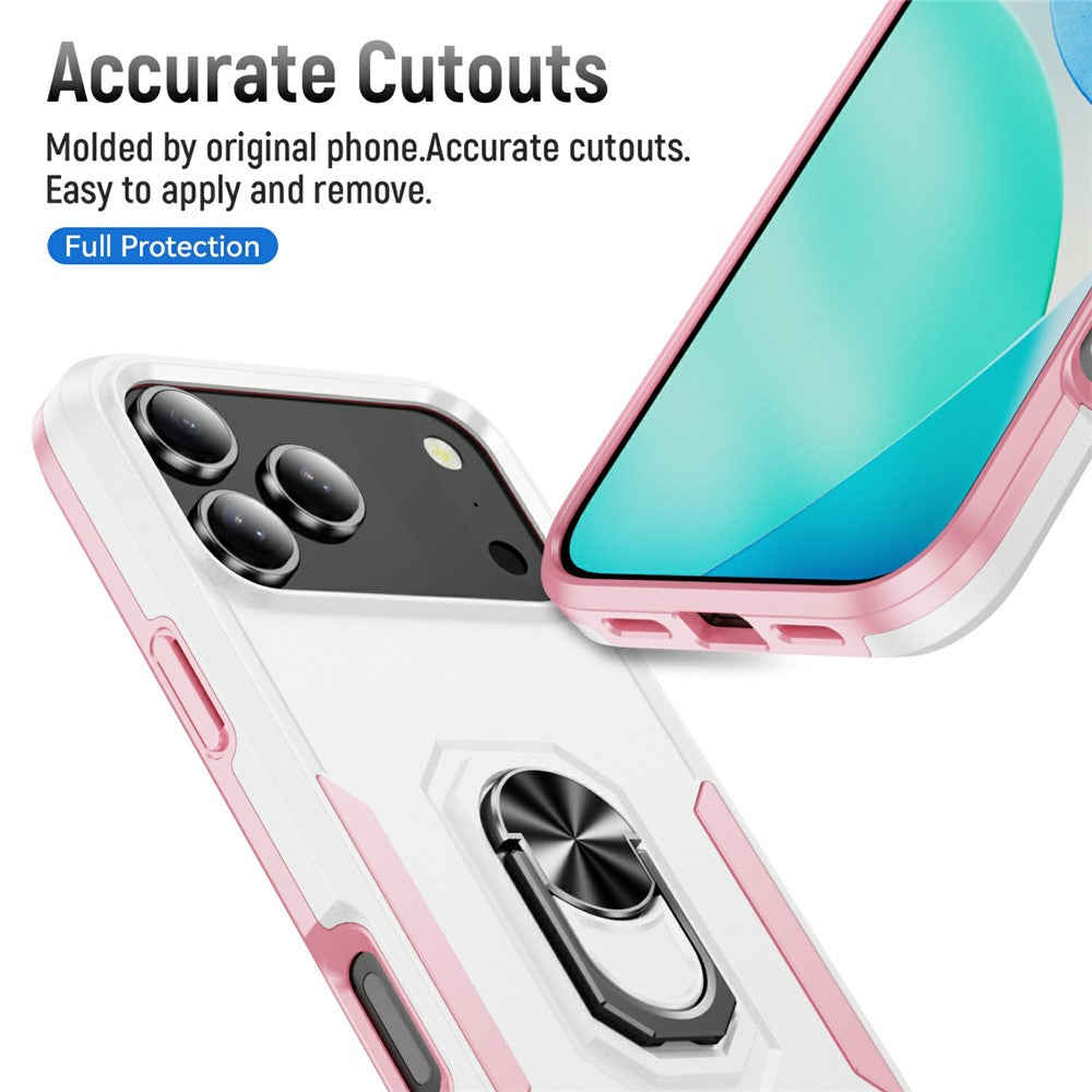 For iPhone 17 Pro Max Case Military Grade Ring Kickstand PC + TPU Phone Cover - White + Pink