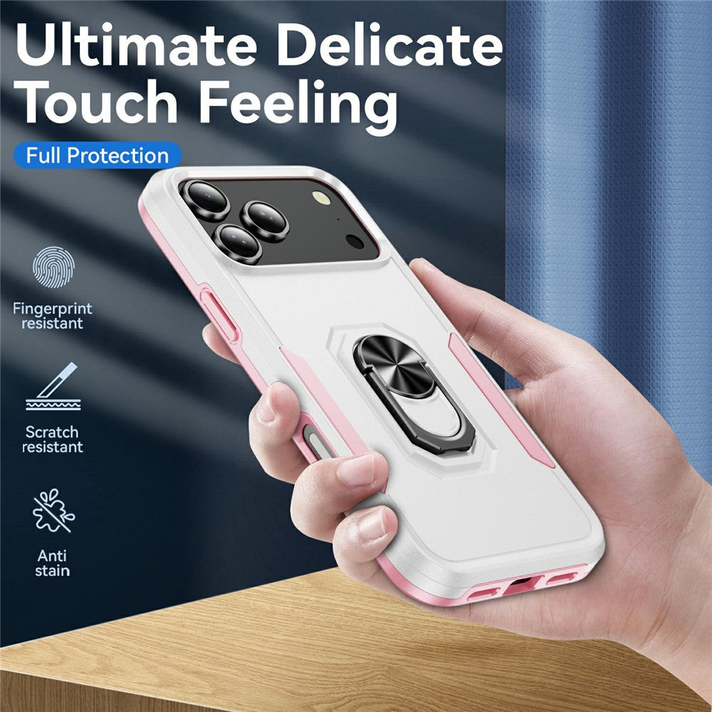 For iPhone 17 Pro Max Case Military Grade Ring Kickstand PC + TPU Phone Cover - White + Pink